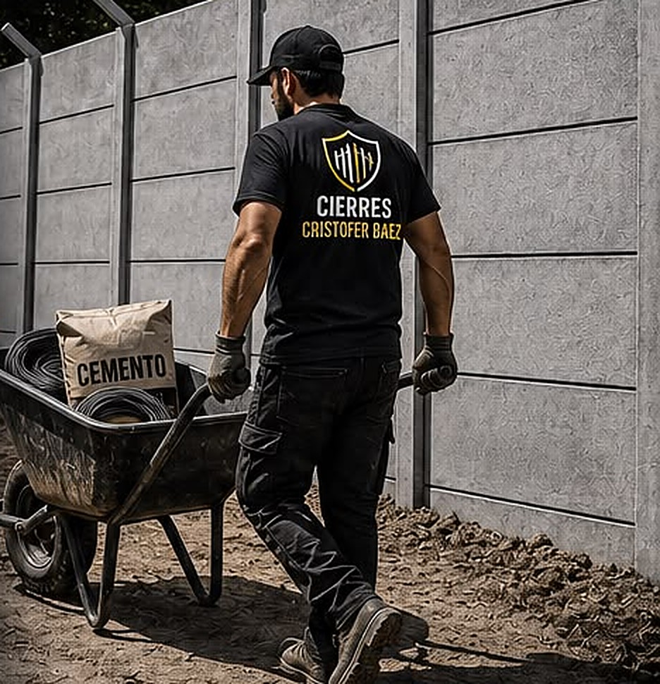 Trabajador de Cierres Vibrados Baez junto a un cierre perimetral de concreto vibrado, con carretilla y saco de cemento.