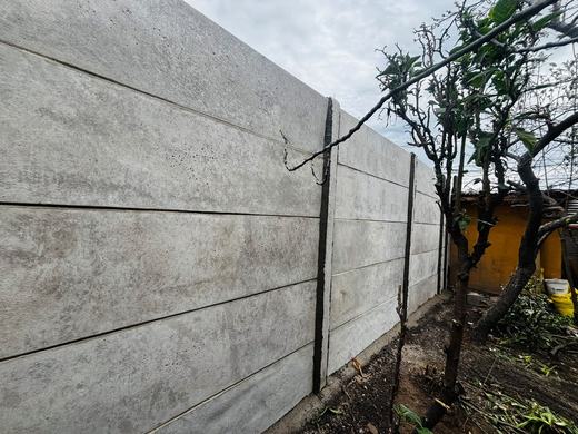 Cierre perimetral de concreto vibrado entre árboles.
